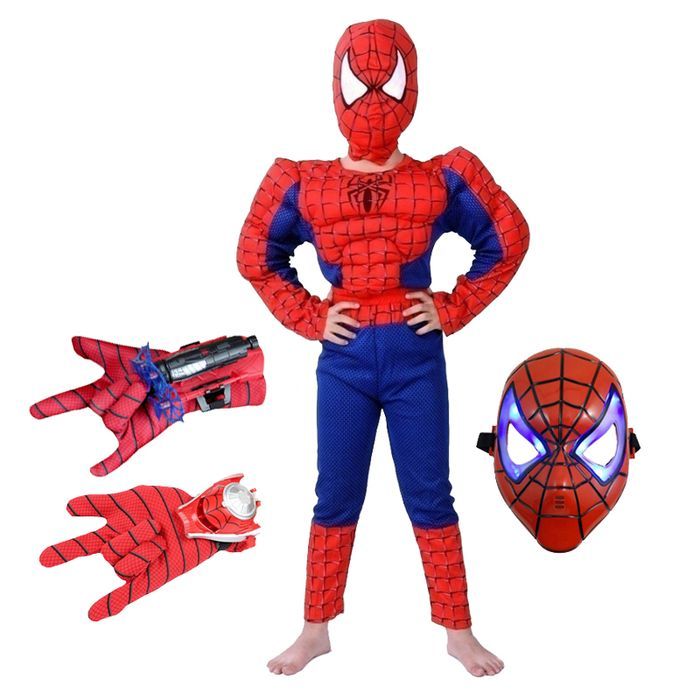 Set costum Spiderman muschi 7-9 ani, 120-130 cm, manusi si masca LED