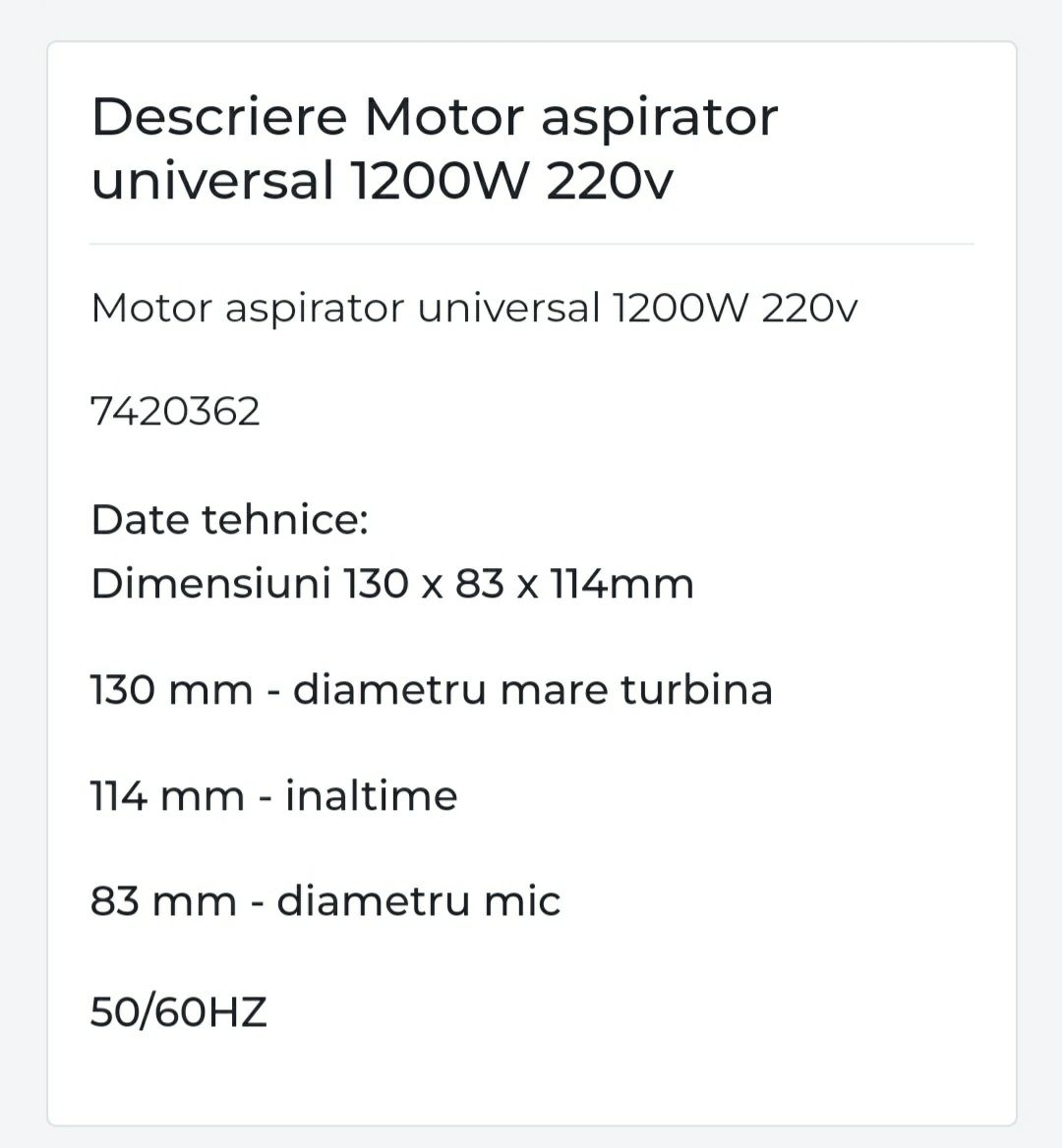 Motor Aspirator 1200W potrivita pentru Universal 220V, 50/60HZ