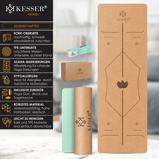 Коркова постелка за йога 183 х 62 см с блок и каишка , не плъзгаща