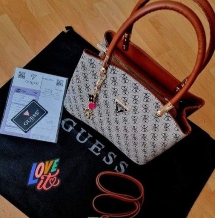 Geanta Guess,material textil,insertii piele, logo metalic, saculet