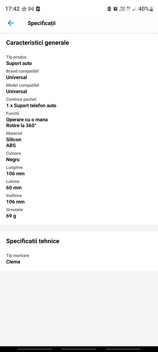 Suport auto pentru telefon Tellur CMH10, negru
