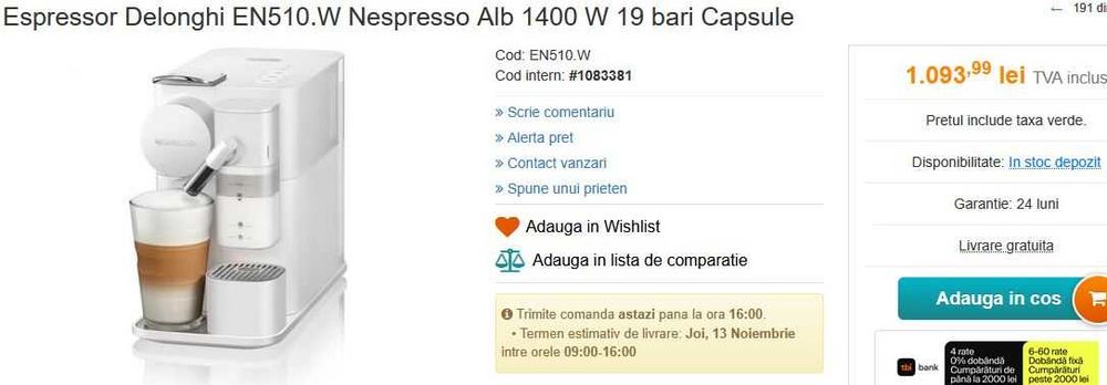 De'Longhi EN510.W Nespresso Lattissima One Evolution - defect