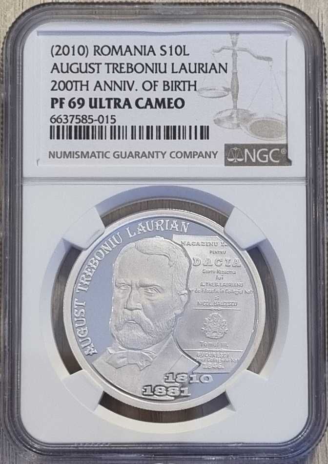 Moneda BNR 10 lei argint August T Laurian gradata NGC PF 69 UC Top Pop