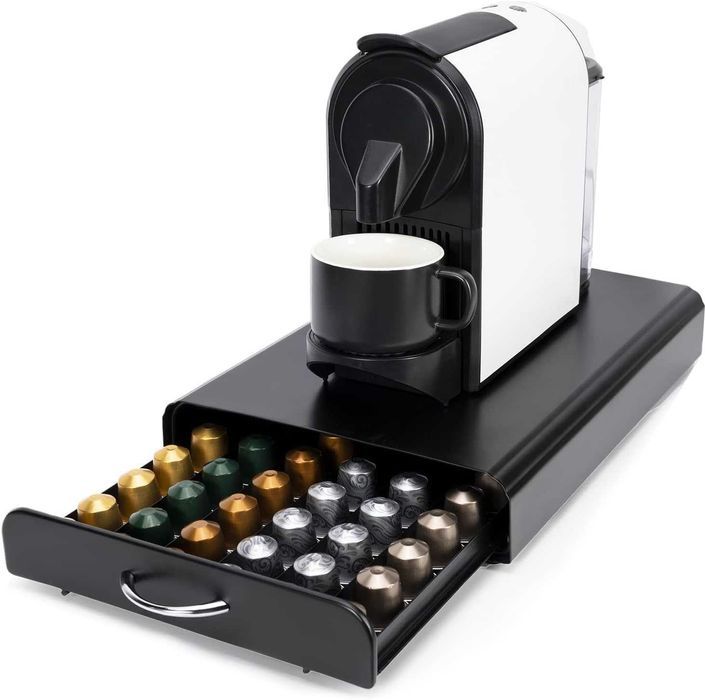 Suport capsule cafea cu sertar, capacitate 60 capsule, metal, negru