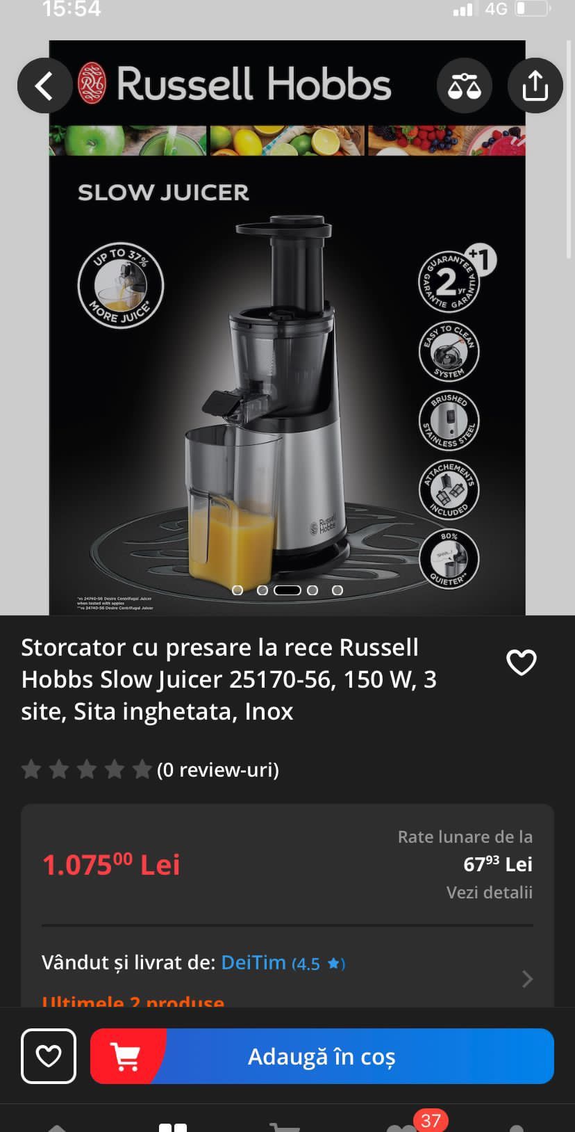 Storcator cu presare la rece Russell Hobbs Slow Juicer 25170-56, 150 W