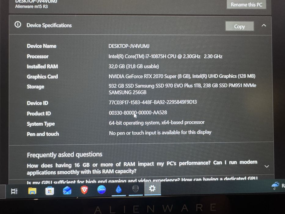 Alienware m15 R3 Като нов ! Бартер за Macbook !
