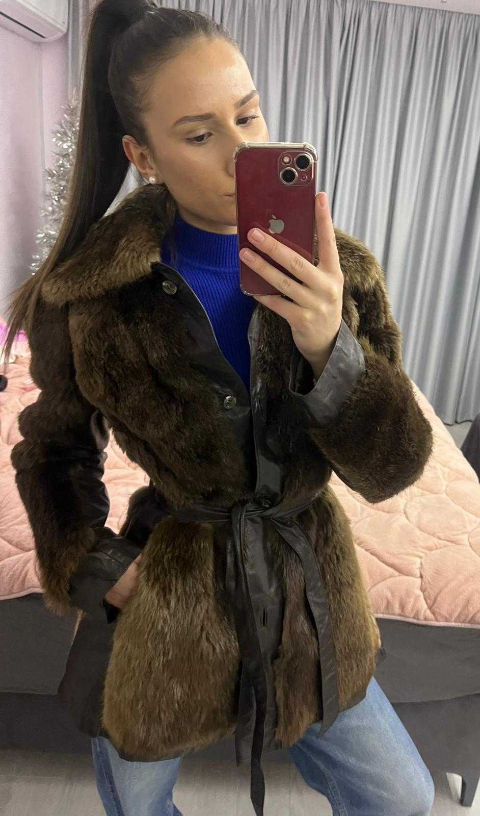 Дамско палто от естествен косъм в комбинация с кожа