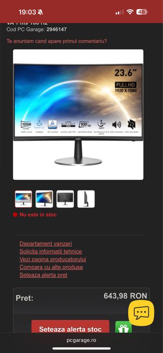 Monitor curbat diagonala 24in, 100hz 1ms