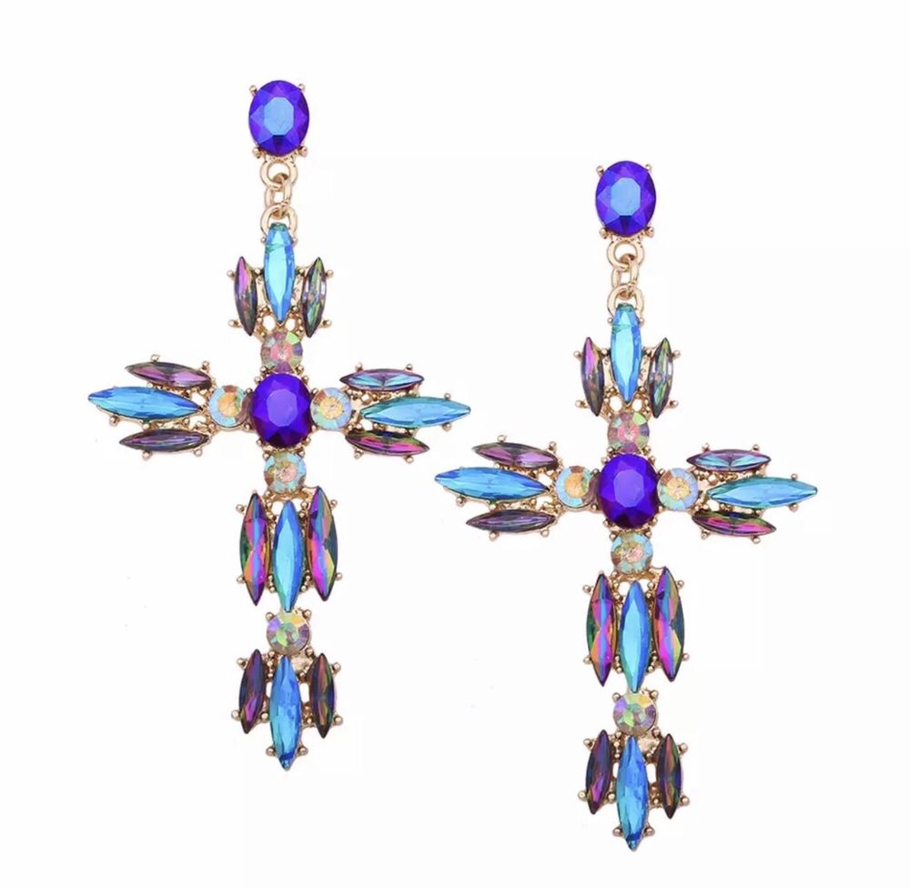 Cercei cruce albastri mov cristale swarovski masivi stil Zara