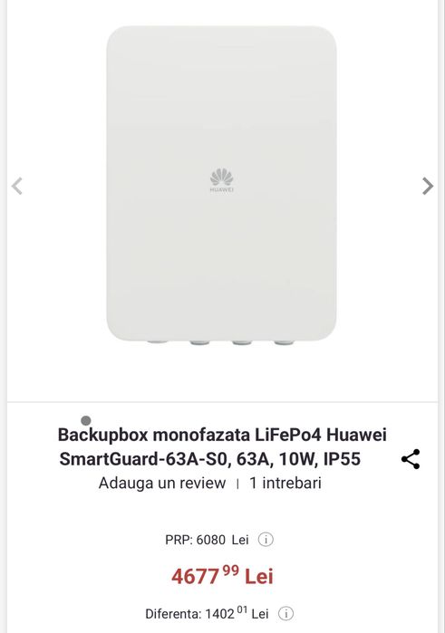 Backup box monofazat LiFePo4 Huawei SmartGuard-63A-S0, 63A, 10W, IP55