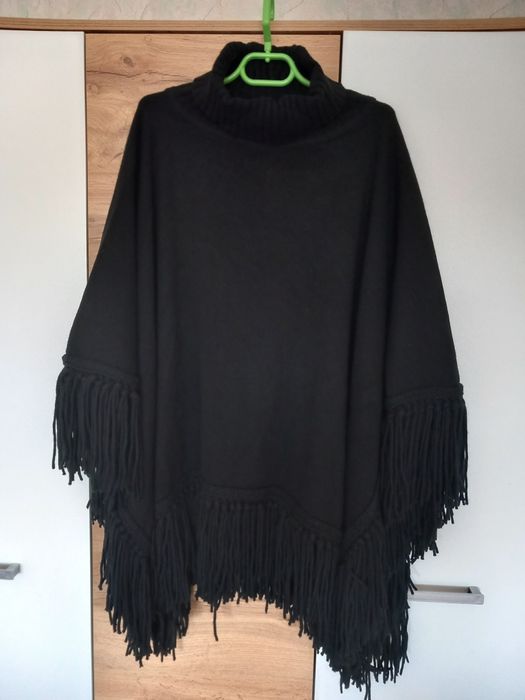 Черно пончо, вълна и кашмир