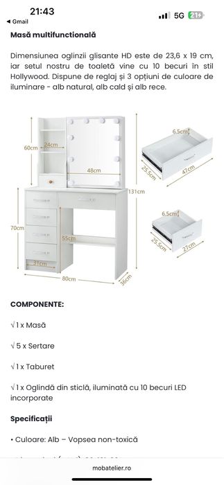 Masa de toaleta pentru machiaj