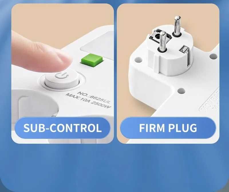 Разпределител с 4 контакта Schuko + 2 USB-A порта + 1 USB-C порт