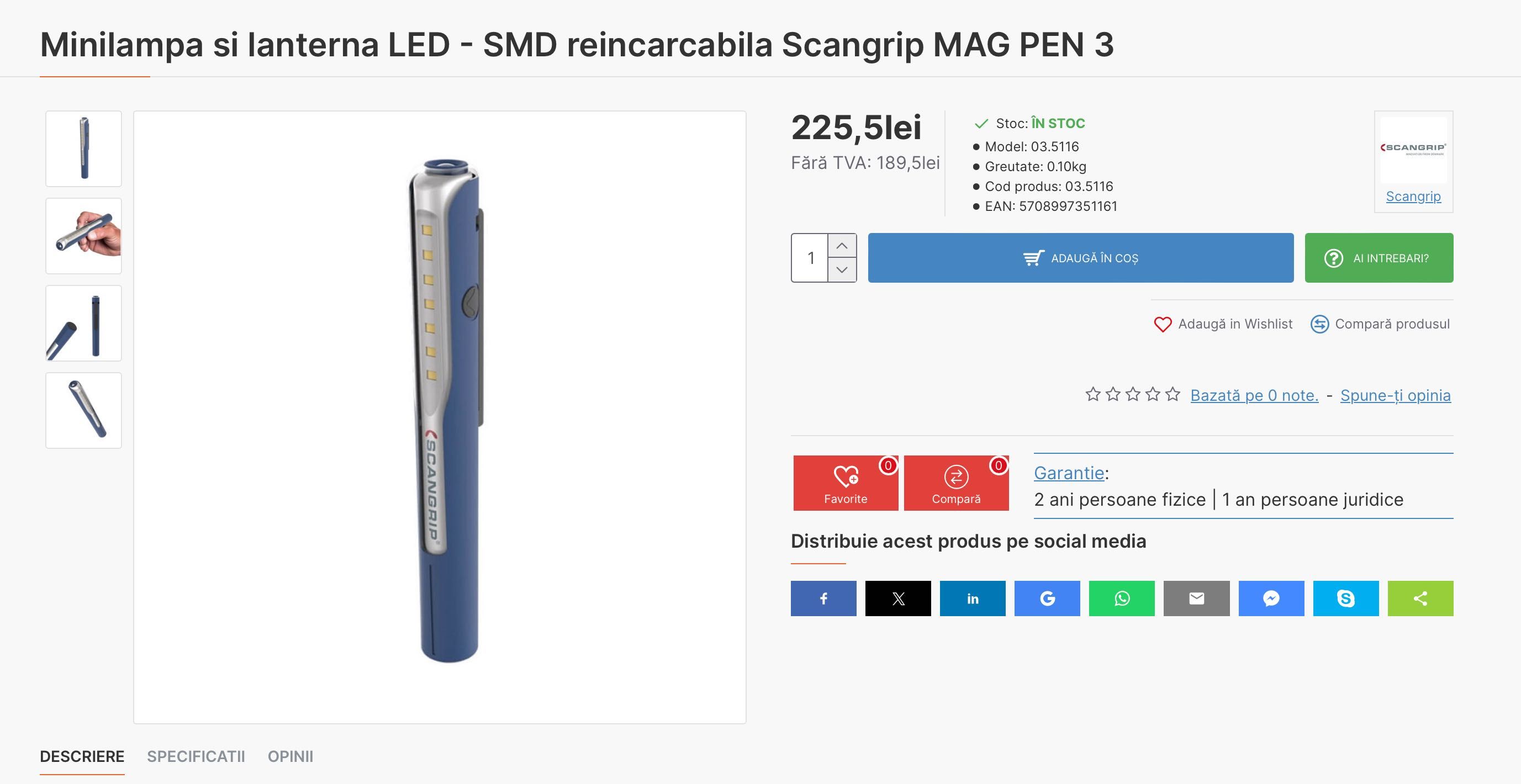 Minilampa si lanterna LED - SMD reincarcabila Scangrip MAG PEN 3