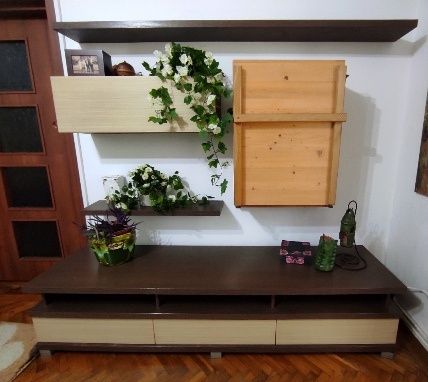 Birou pliabil de perete, masă de perete pliabilă cu rafturi ptr living