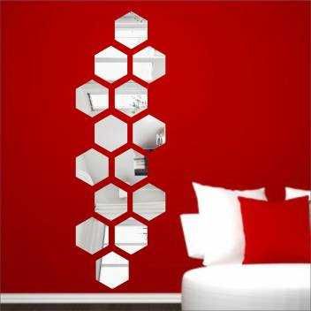 Set 10 Oglinzi din PVC Design Hexagon Silver M Size - Autoadezive!