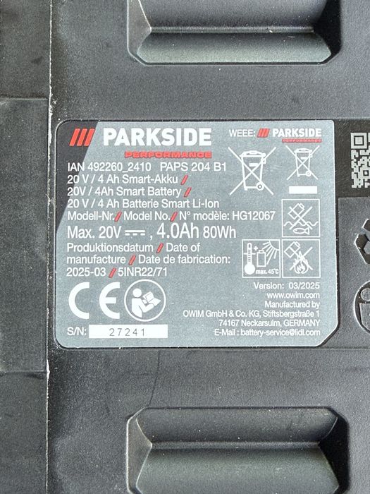 Set Parkside acumulator 4Ah smart si incarcator 4,5A performance noi