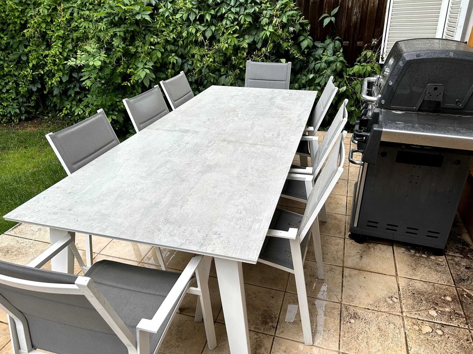 Masă de grădină GardenArt (2m) + 8 scaune – stare excelentă