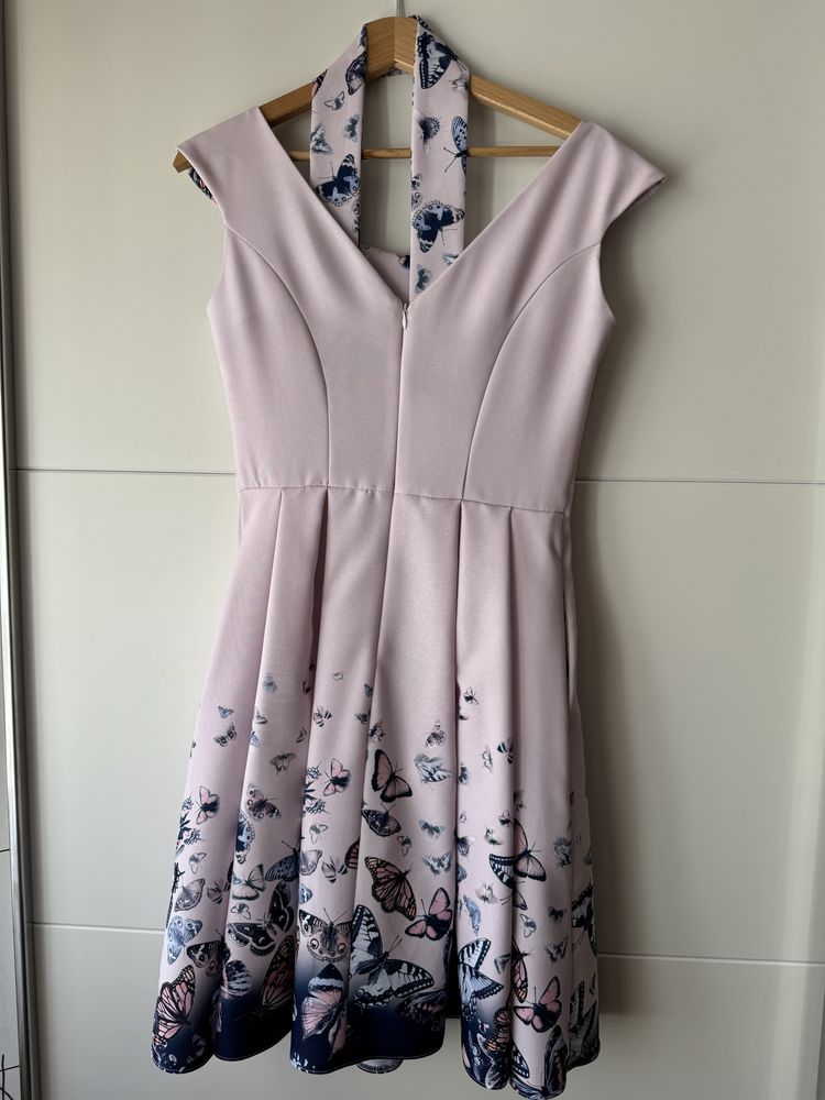 Rochie de ocazie roz cu fluturasi (cu buzunare)