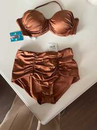 Costum de baie cu talie inalta nude metalizat