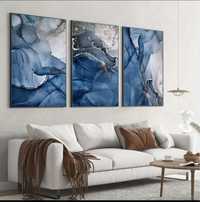Tablou canvas model marmura 3 buc albastru