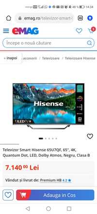 Tv Hisense uled 65U7QF nou la cutie,165cm diagonala, garanție