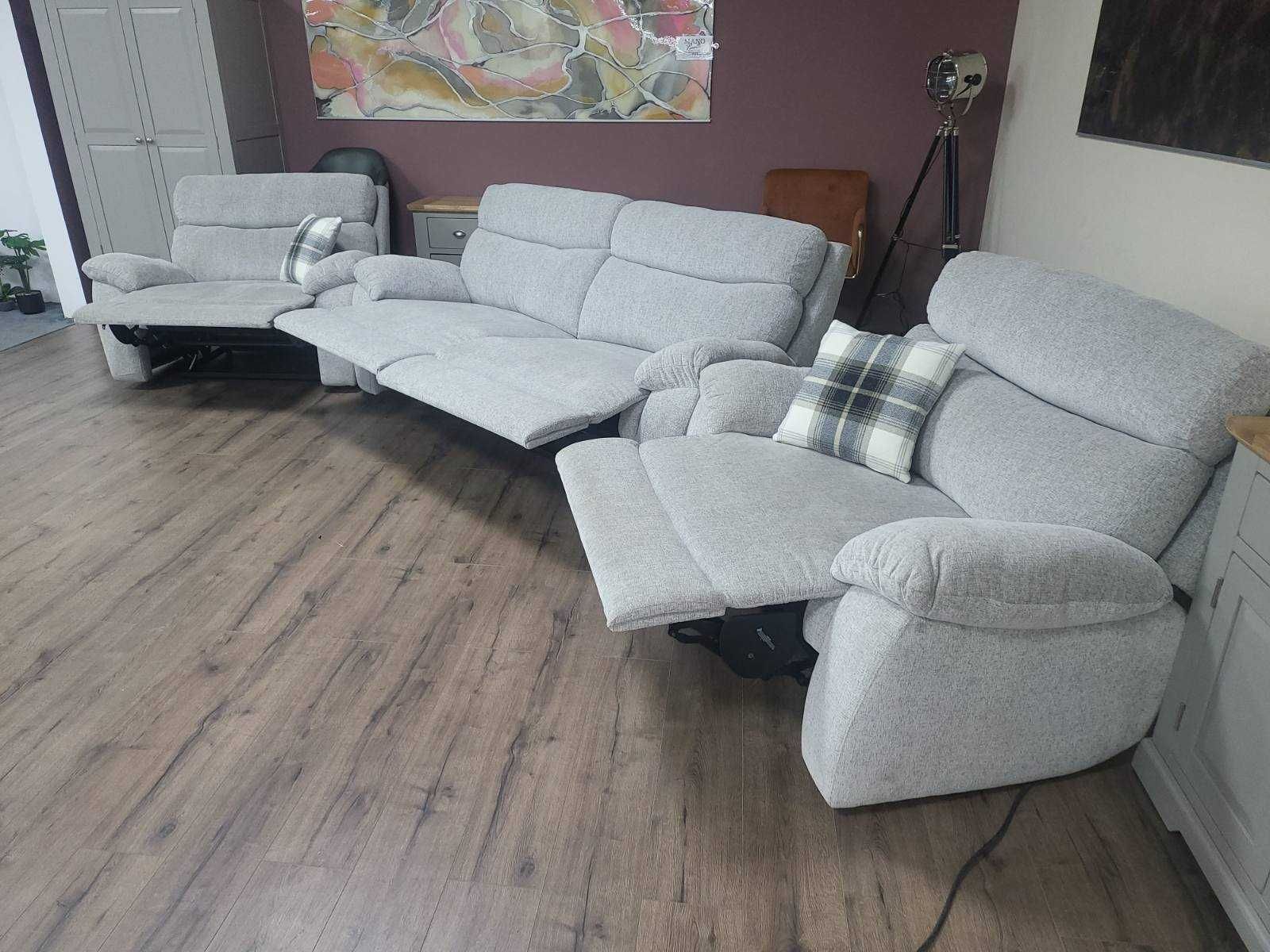 Сив комплект от плат диван тройка с два фотьойла с релакс механизъм
