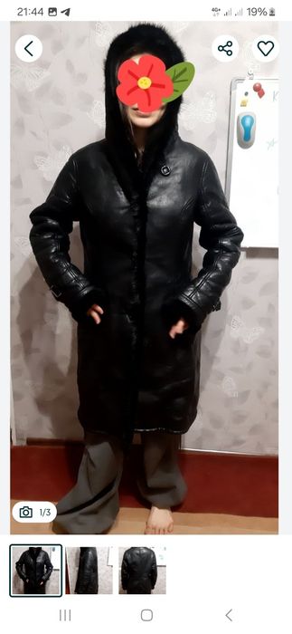 Дублёнка  чёрная  женская с капюшоном  тёплая   р 44-46