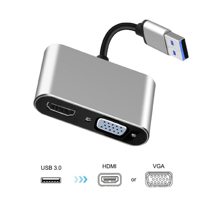 Adaptor 2in1 USB 3.0 la HDMI + VGA laptop, pc, proiector, suporta 2k