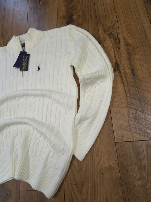 Pulover clasic, cable knit, half zipper, RL, cozy, alb-unt