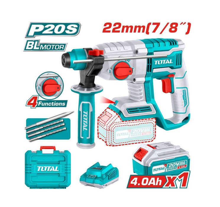 Акумулаторен перфоратор TOTAL SDS+, 20 V, 4 Ah, куфар 2Г ГАРАНЦИЯ