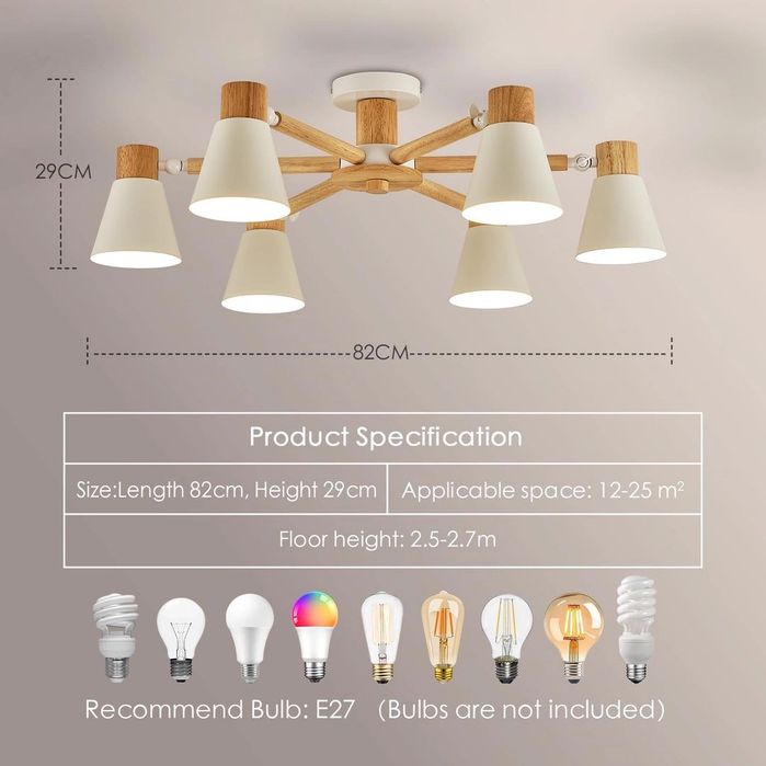 Mодерна таванна лампа дърво/бяло с 6 лампи