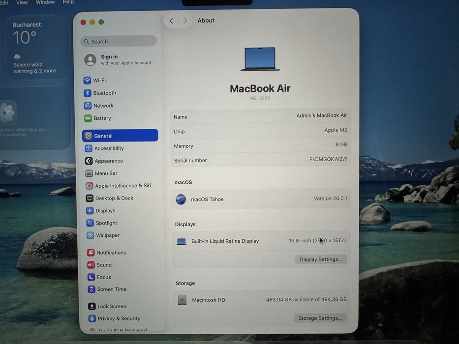 MacBook Air M2, 8GB ram, 512GB SSD baterie 93% state foarte buna