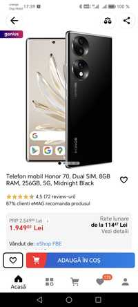 Telefon mobil Honor 70, Dual SIM, 8GB RAM, 256GB, 5G, Midnight Black