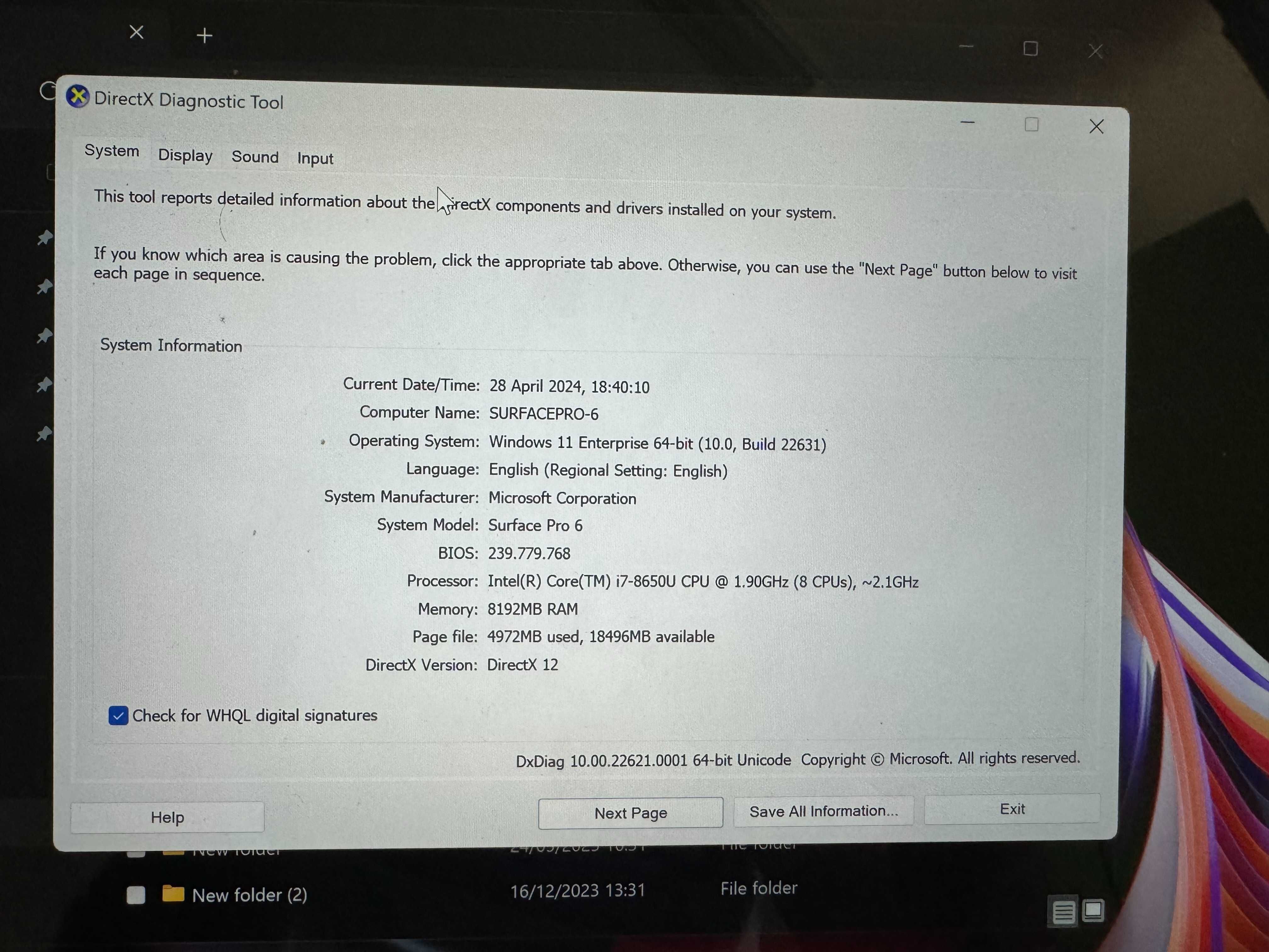 Microsoft Surface Pro 6, i7-8650U, 8GB, 256GB SSD, Win-11 Enterprise