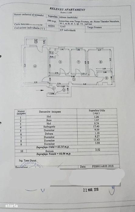Apartament 3 camere decomandat, 64 mp utili, etaj 3, Târgu Frumos