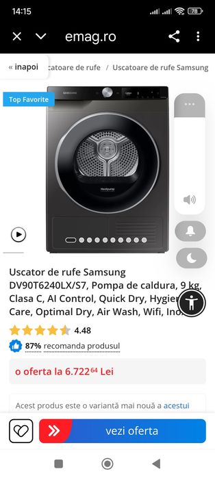Uscator de rufe Samsung 9 kg invertor wi-fi