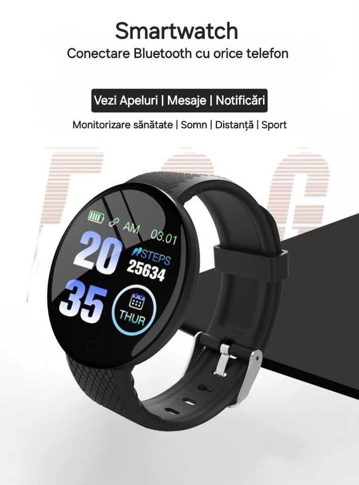 Smartwatch performant.Negru.Waterproof, fitness, sănătate, somn.Rotund