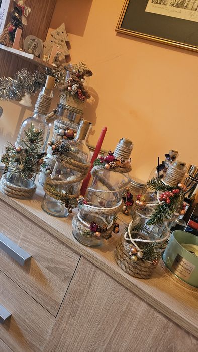 Коледни светещи бутилки и свещници- ръчна изработка.