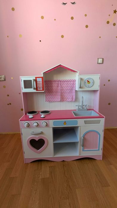 Дървена детска кухня в розово и бяло vidaXL