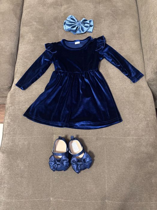 Синя рокля с обувки подходящи за Коледна фотосесия 18-24 месеца