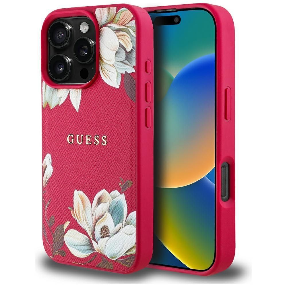 Guess grained flowers magsafe калъф за iphone 16 pro – fuchsia