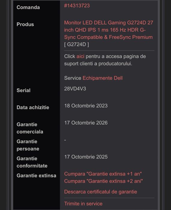 Monitor Gaming DELL G2724D 27inch QHD 165Hz 1ms