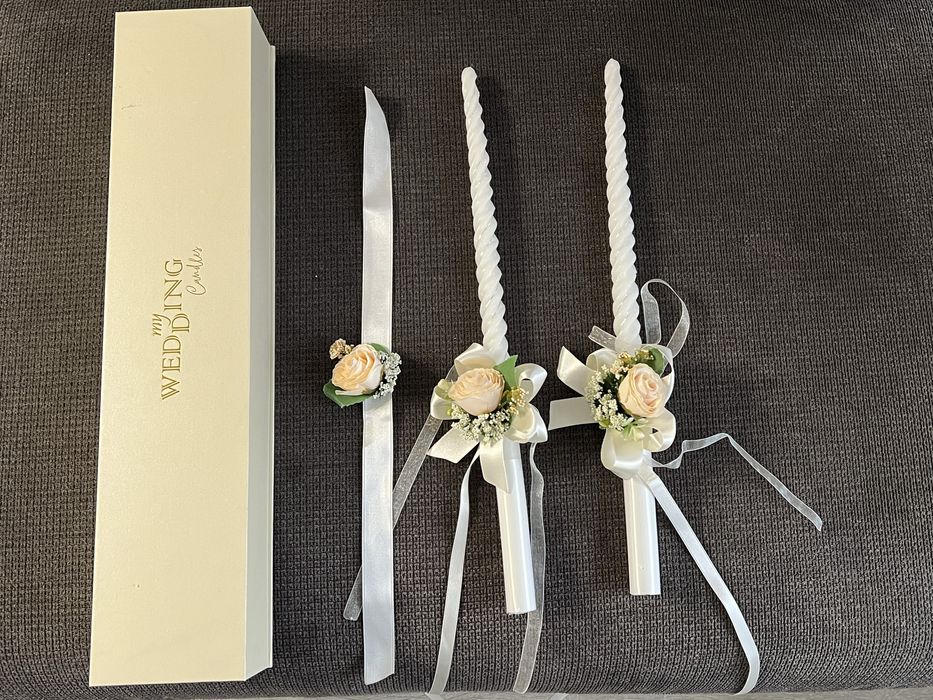 Комплект свещи за сватба, със украса и за бутилка