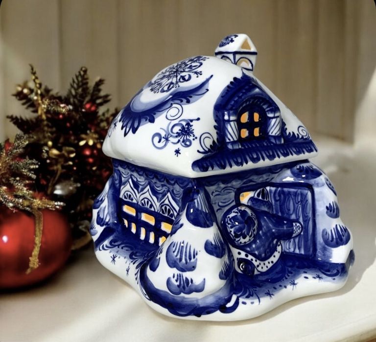 Подсвечник новогодний Домик" гжель фарфор