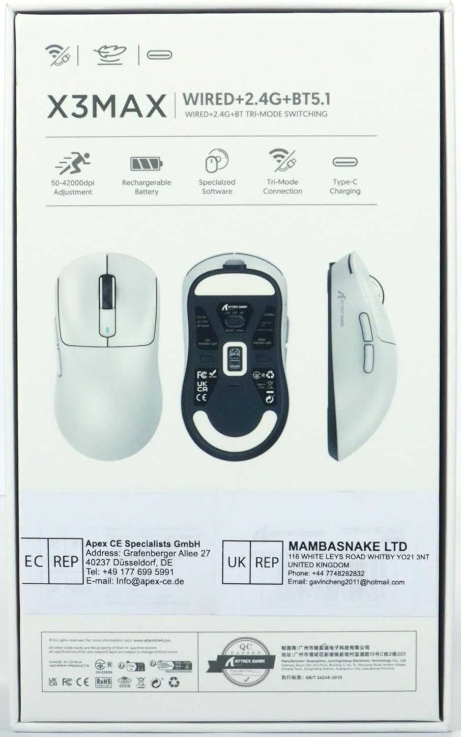 Геймърска мишка ATTACK SHARK X3MAX, 49 грама, PixArt PAW3950 сензор
