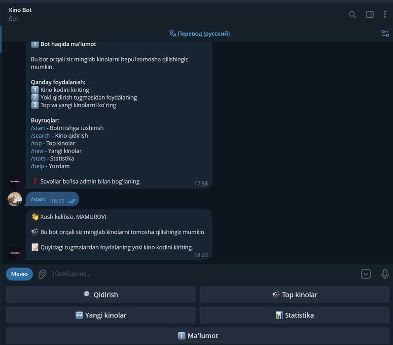 Premium Kino Telegram Boti — Tayyor va Ishga Tayyor
