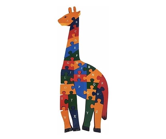 Puzzle pentru copii din lemn cifre si litere model girafa