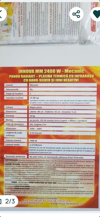 Plasmă termică NANO 2400w,panou radiant căldură