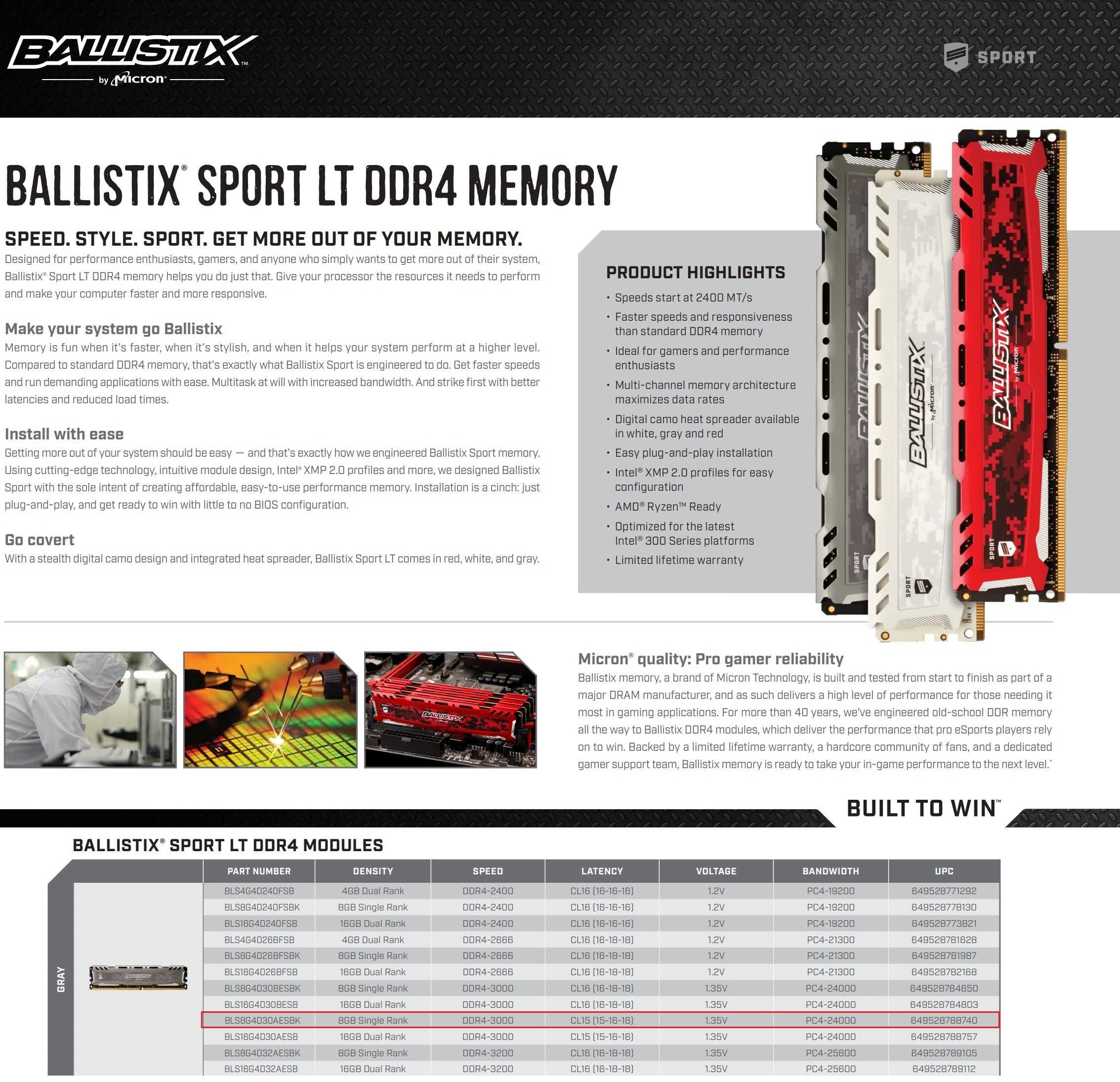 RAM 16GB 2x8gb Crucial Ballistix Sport LT DDR4 3000Mhz